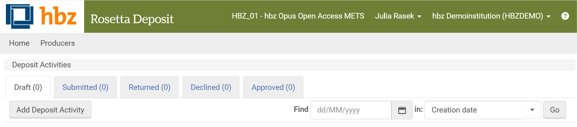 Screenshot: Deposit Activity Übersicht in Rosetta
