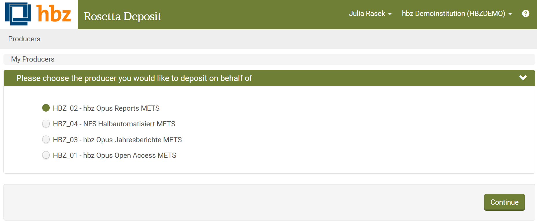 Screenshot: Auswahl eines Producers im Deposit-Modul von Rosetta