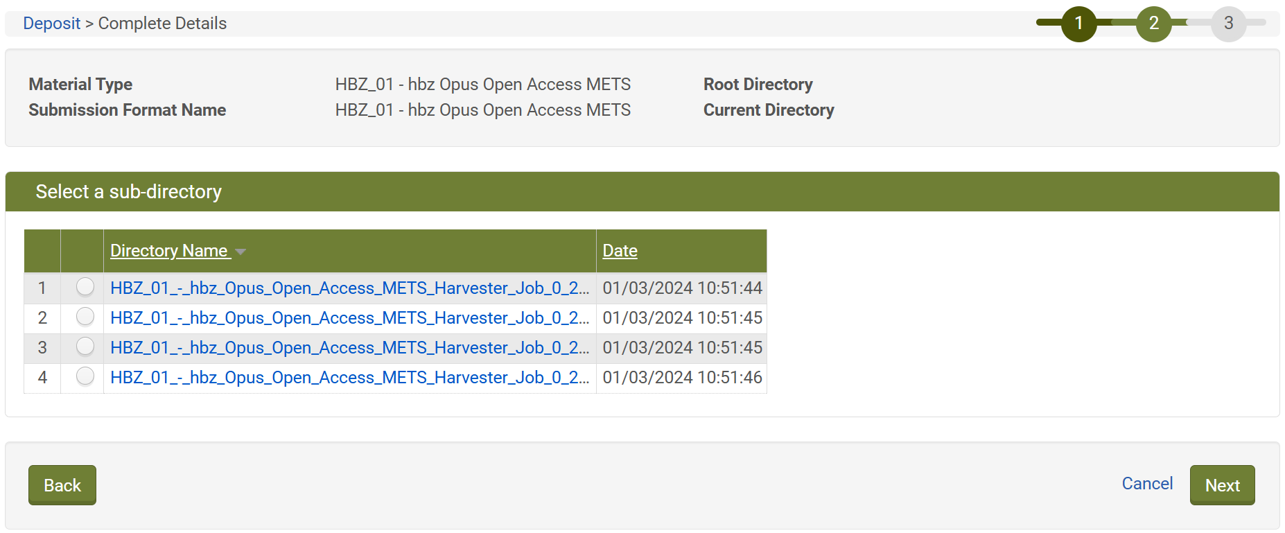 Screenshot: Auswahl eines Sub-Directories zur Einlieferung in Rosetta