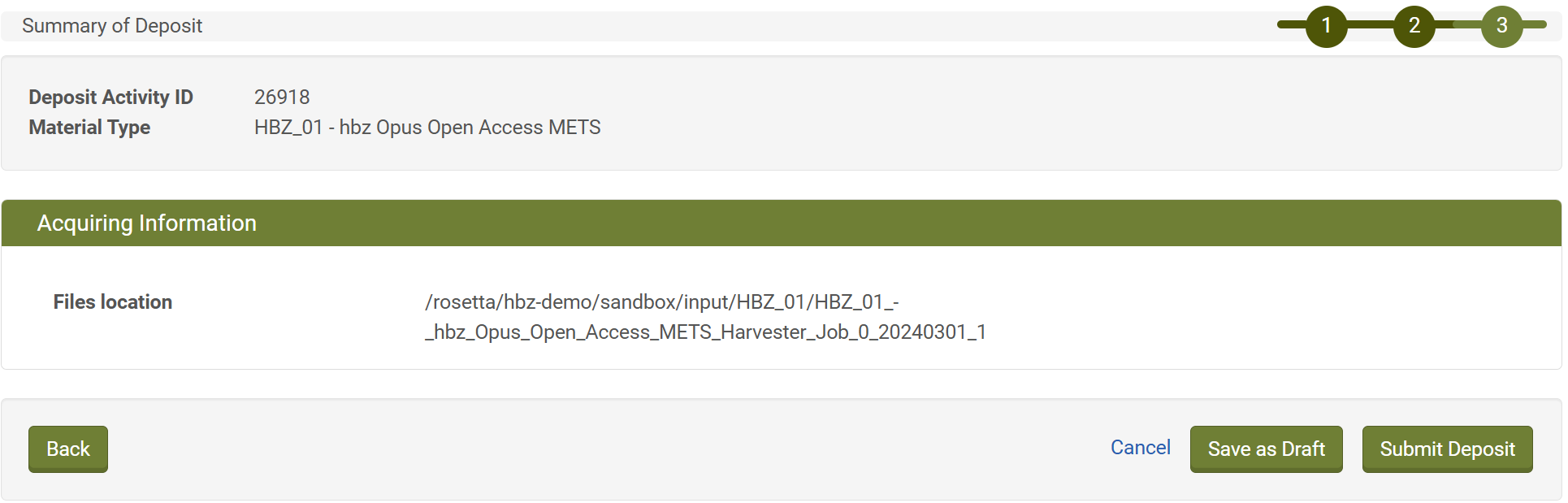 Screenshot: Deposit abschließen in Rosetta