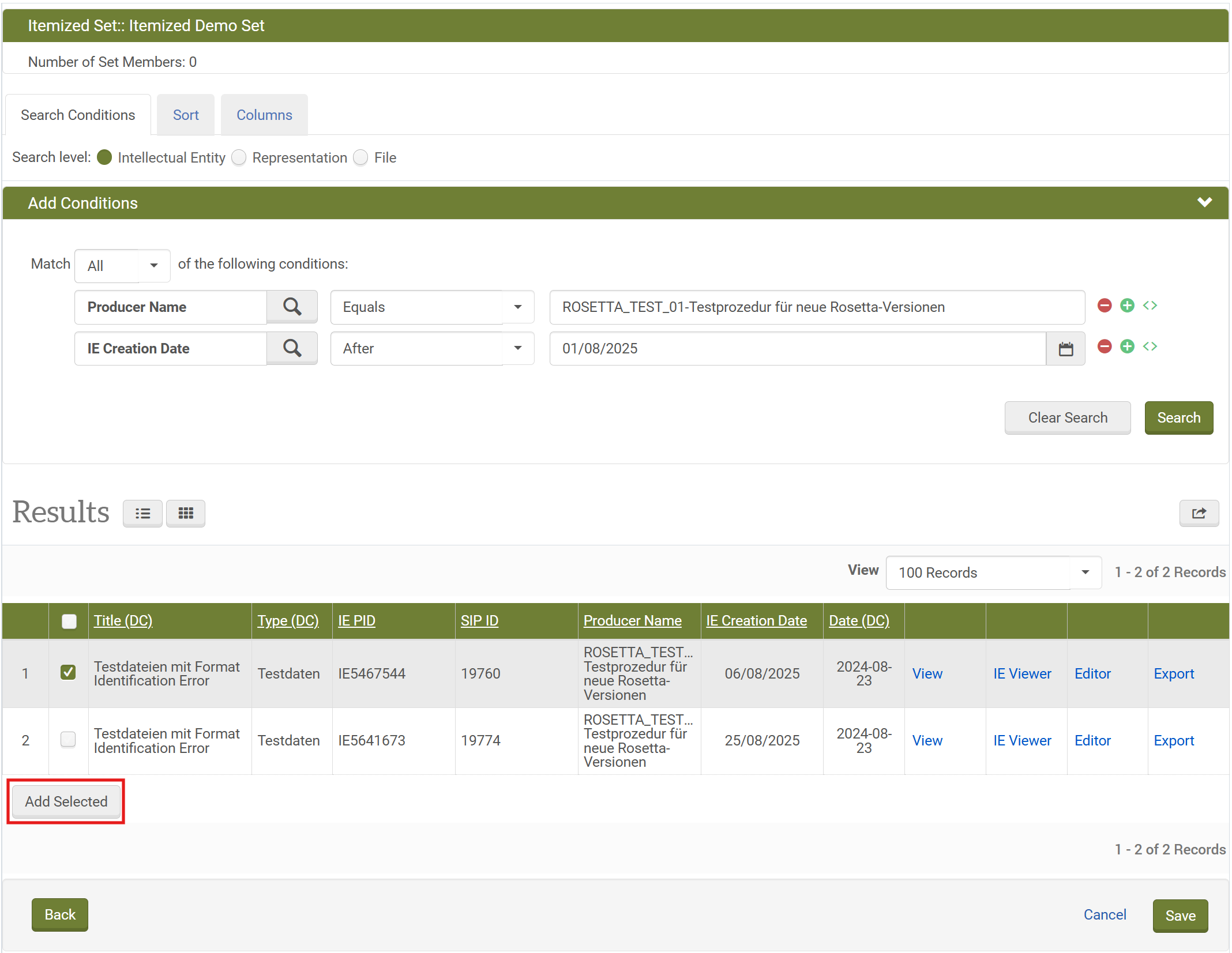 Beispielsuche für ein Itemized Set