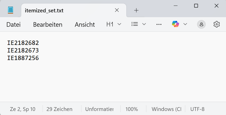 Beispiel für eine Textdatei für ein Itemized Set