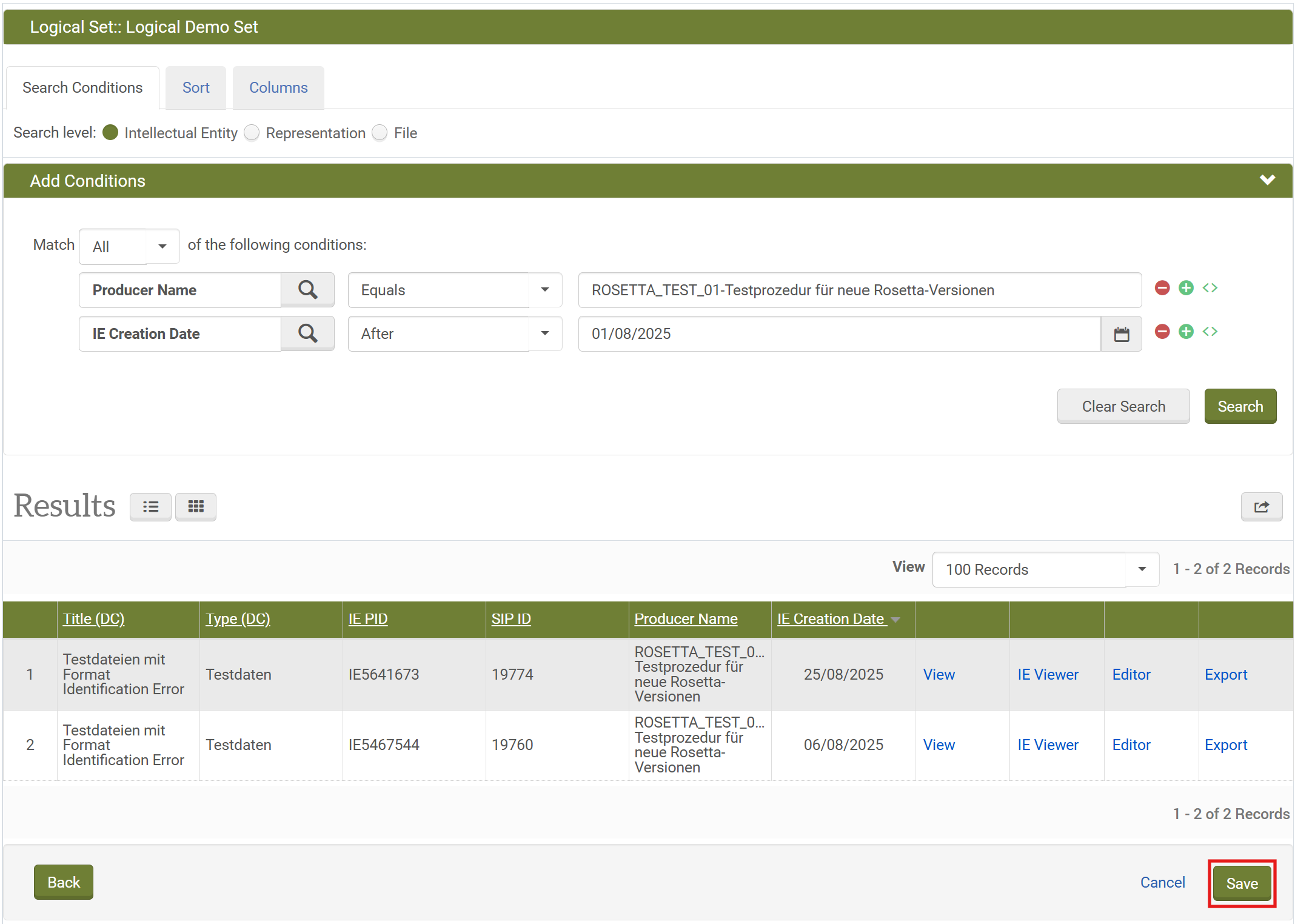 Beispielsuche für ein Logical Set