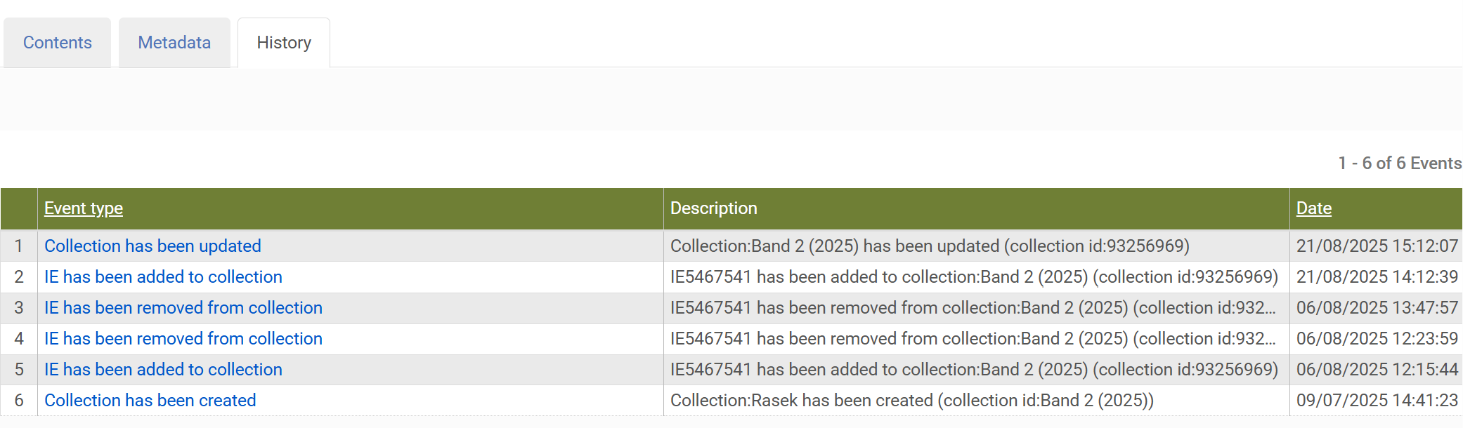 Screenshot: Collection History