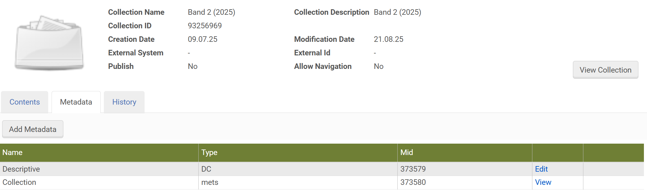 Screenshot: Collection Metadaten