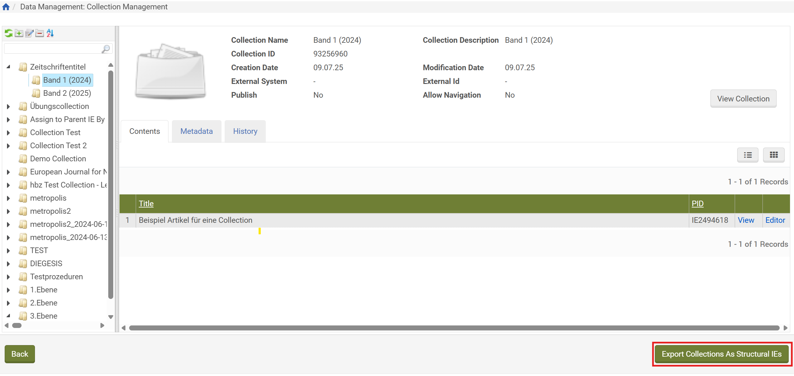 Screenshot: Export Collection As Structural IEs Button