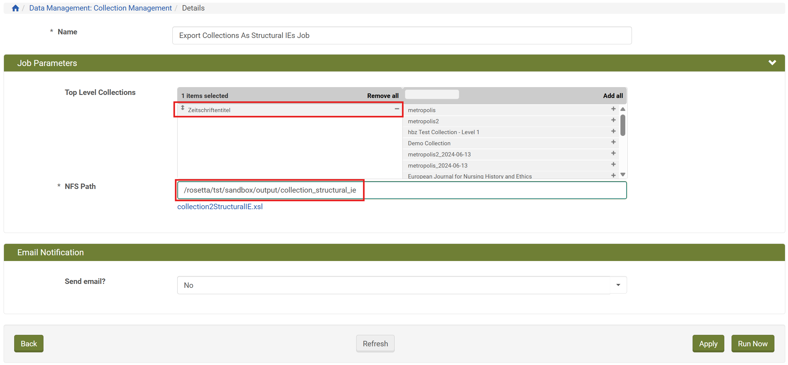 Screenshot: Job Parameters