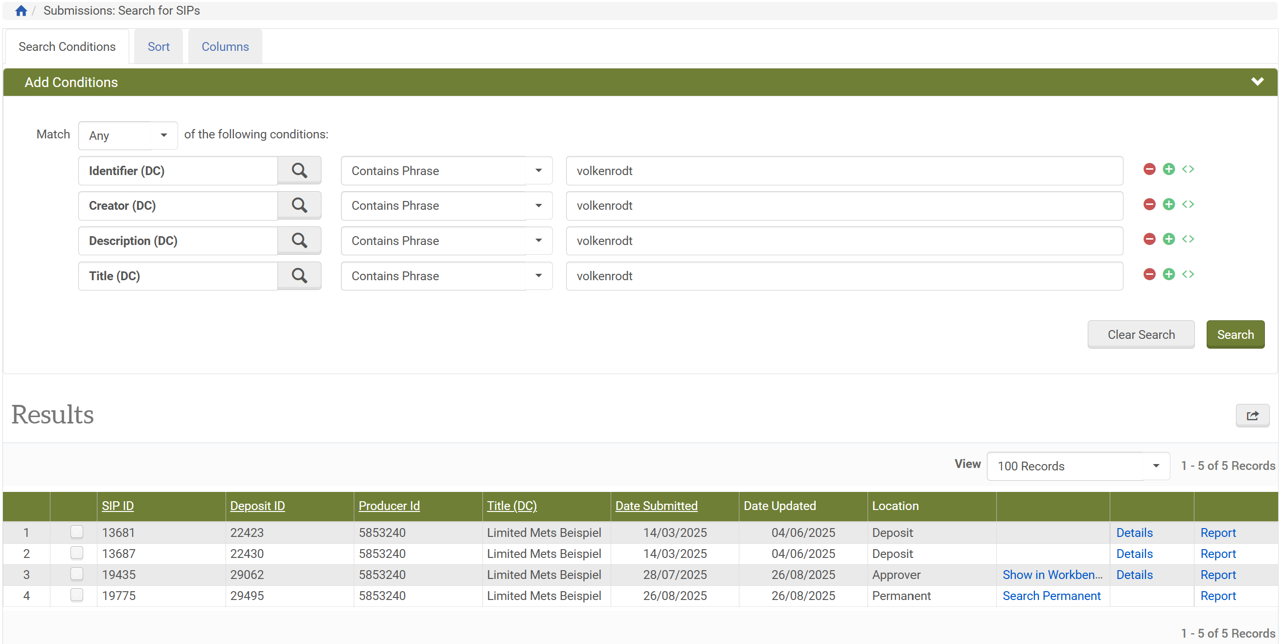 Screenshot: Operational Search: Ergebnisliste