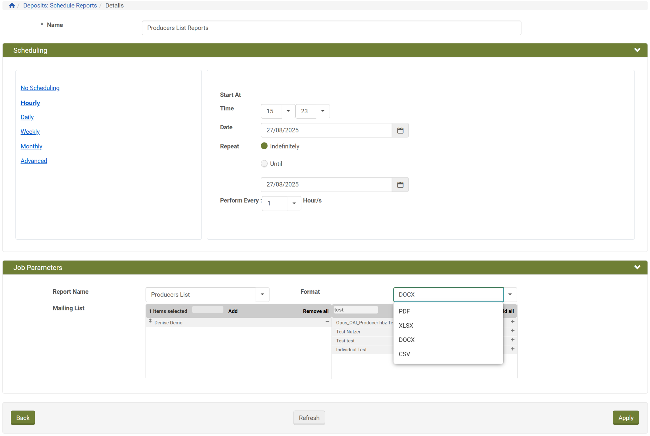 Screenshot: Schedule Reports Konfiguration