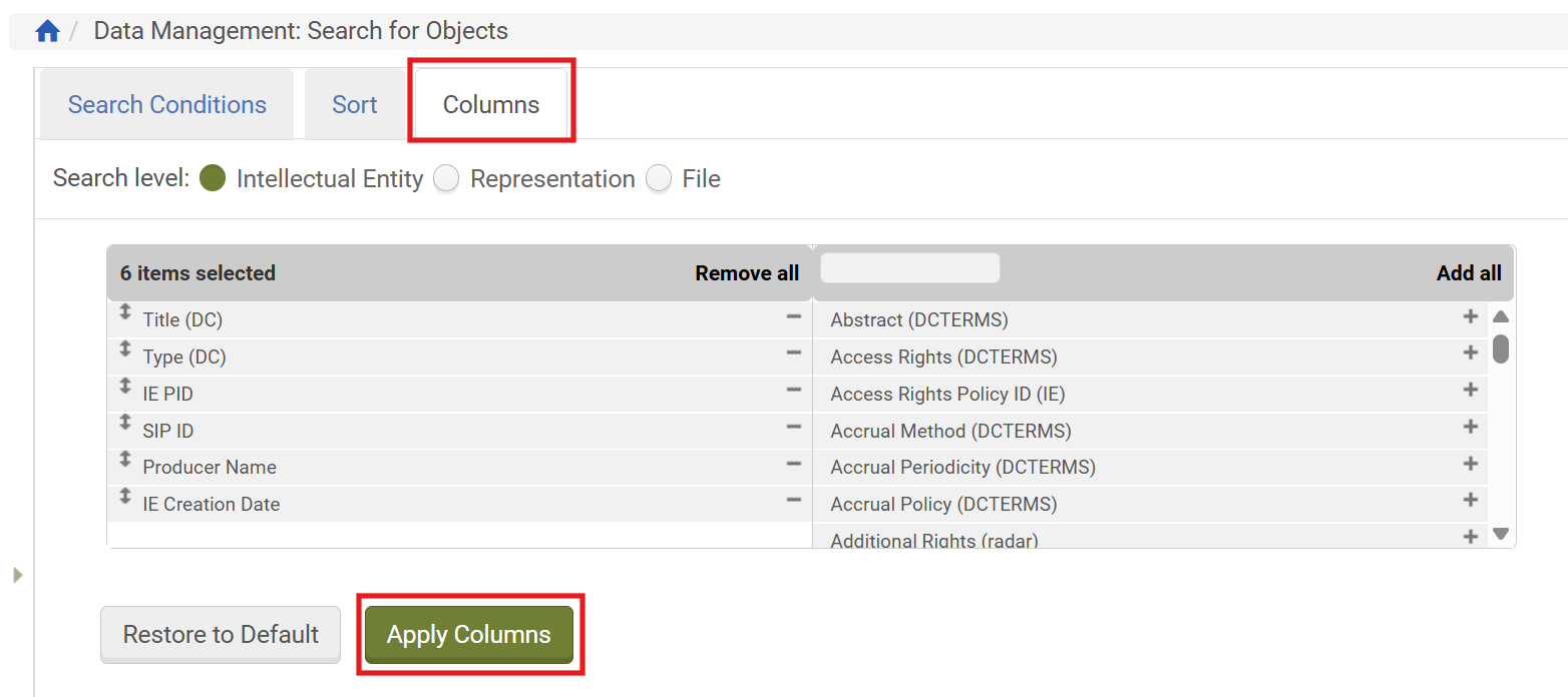 Screenshot: Spalten anpassen