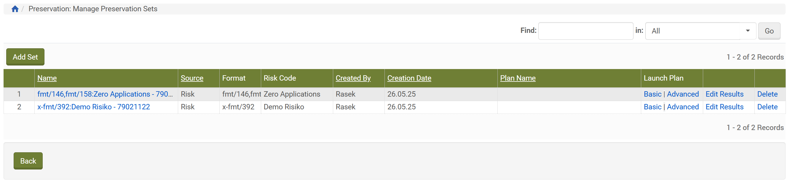 gespeichertes Preservation Set