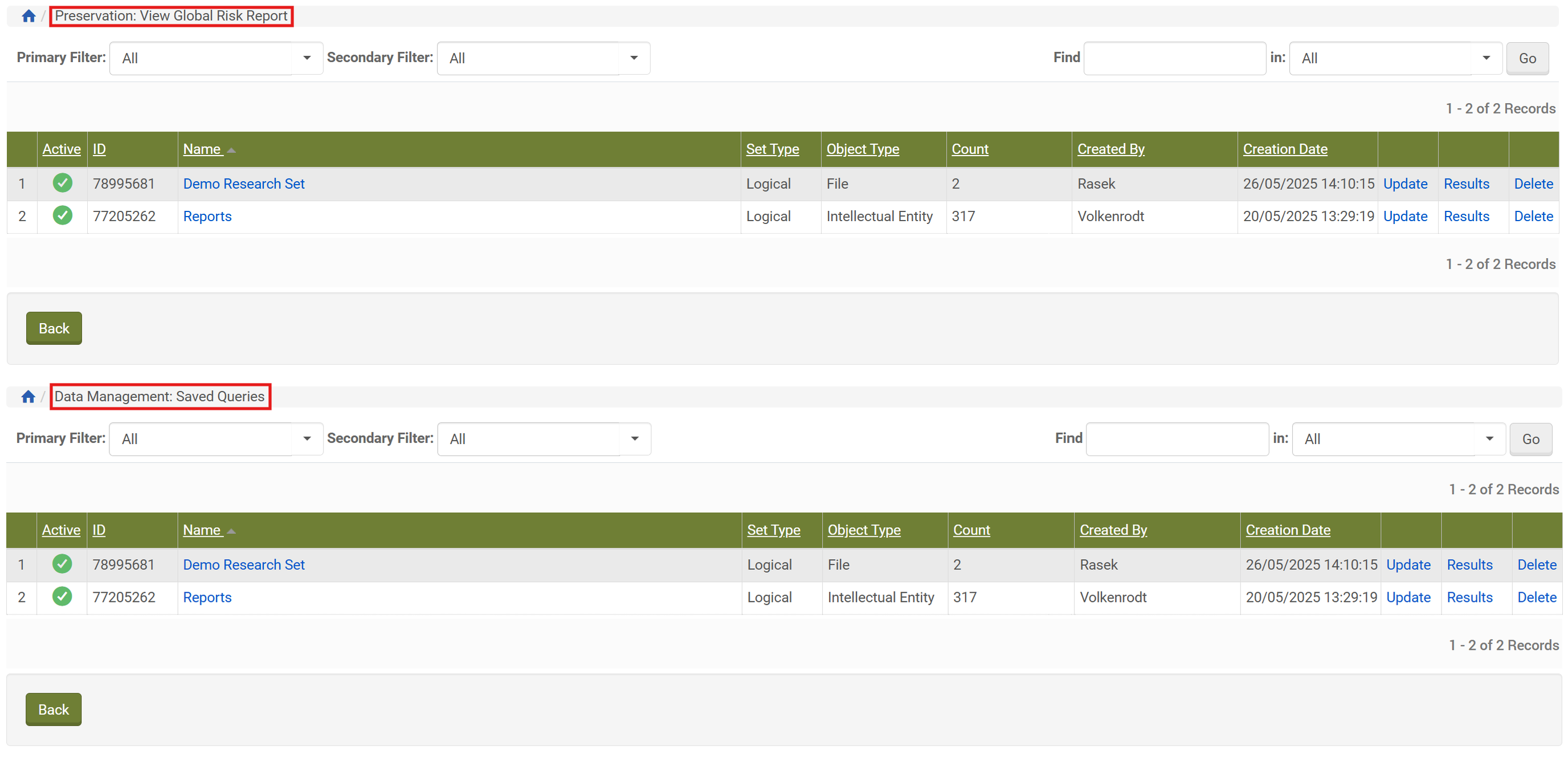 Ansicht des Research Set direkt nach dem Abspeichern (oben) und Wiederaufrufen unter Saved Queries (unten)