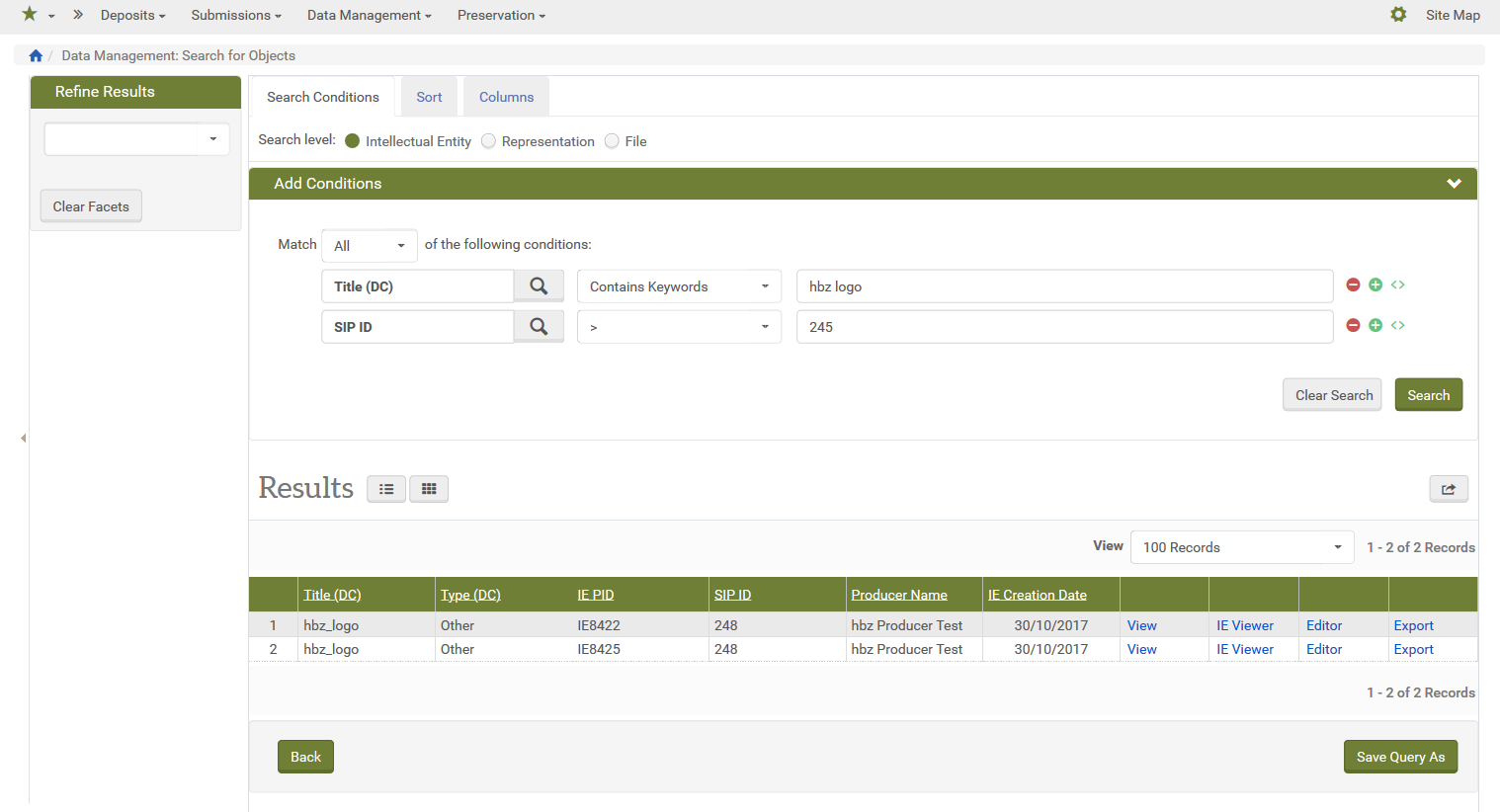 Beispielsuche mit zwei Parametern