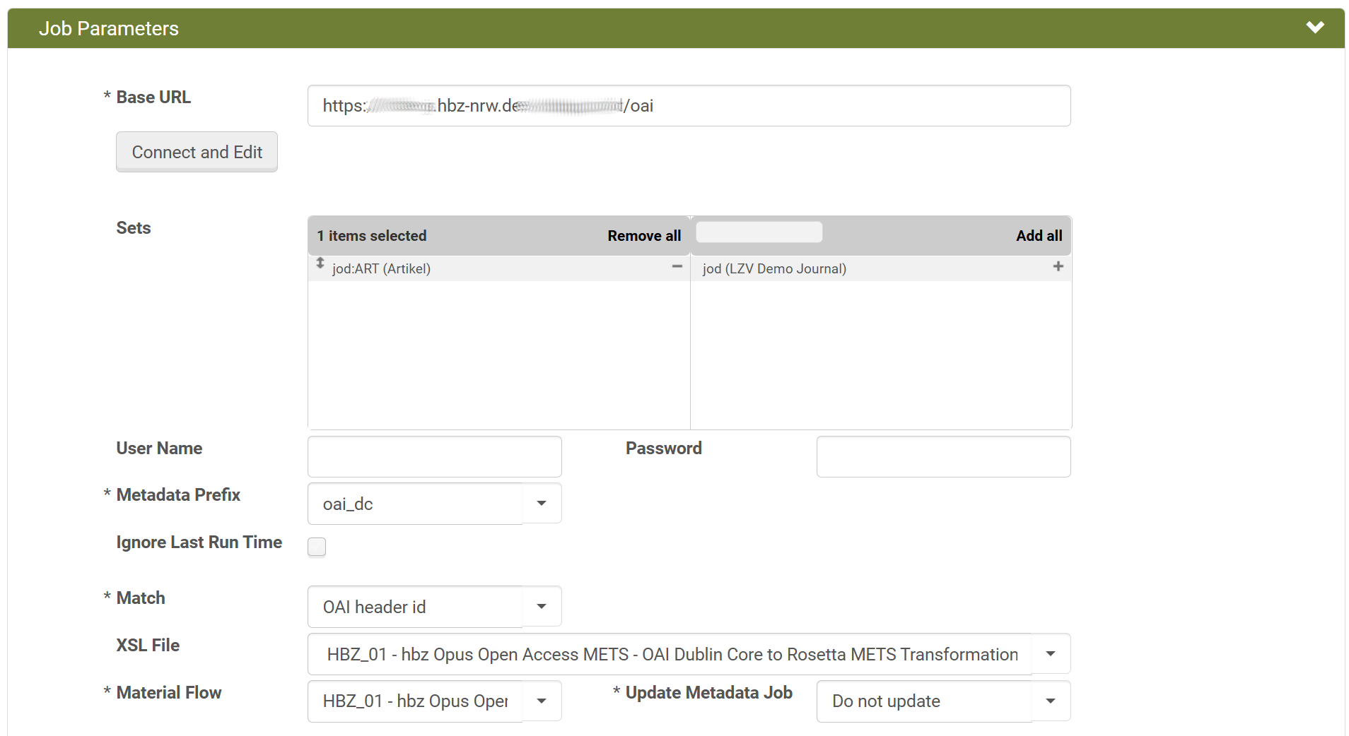 Screenshot: Job Parameters des Harvester Jobs in Rosetta
