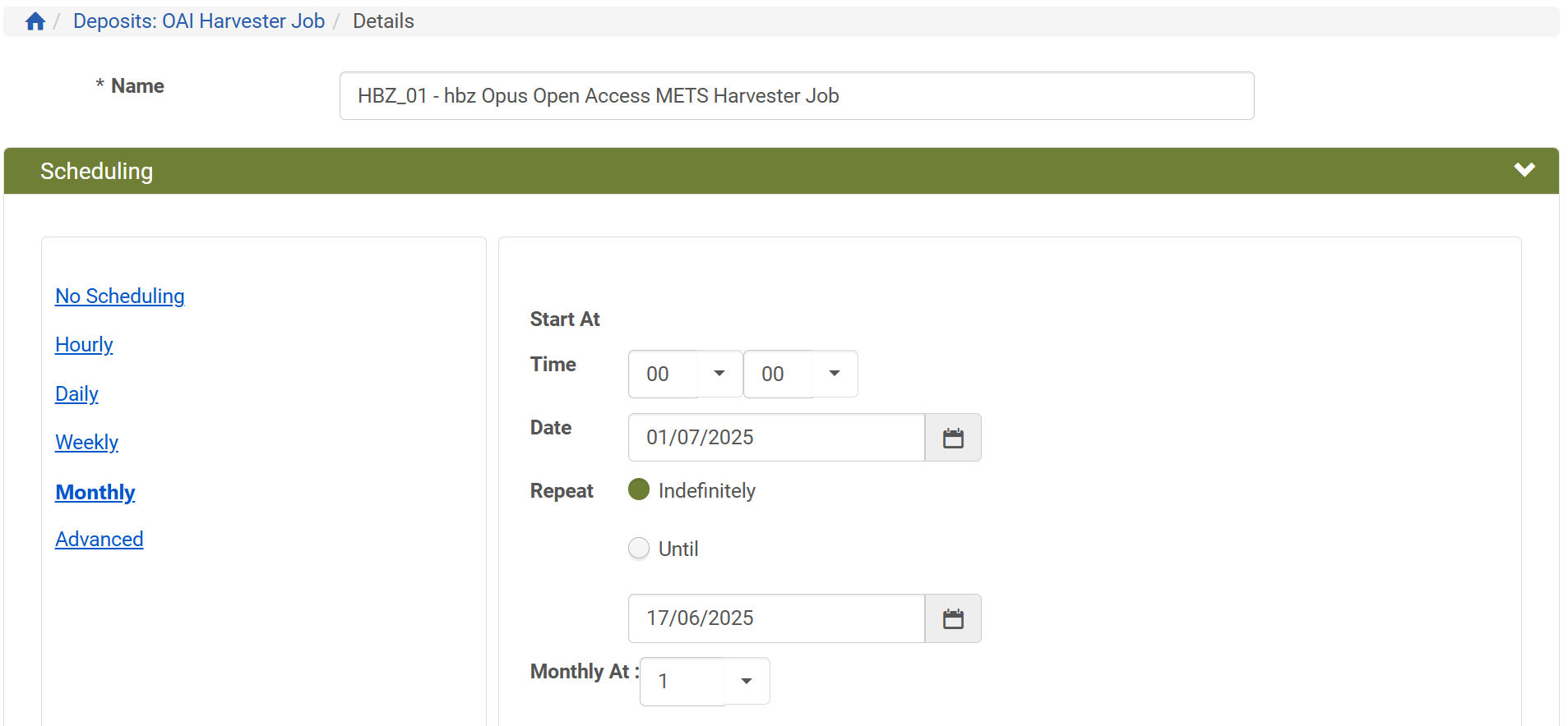 Screenshot: Name und Scheduling des Harvester Jobs in Rosetta
