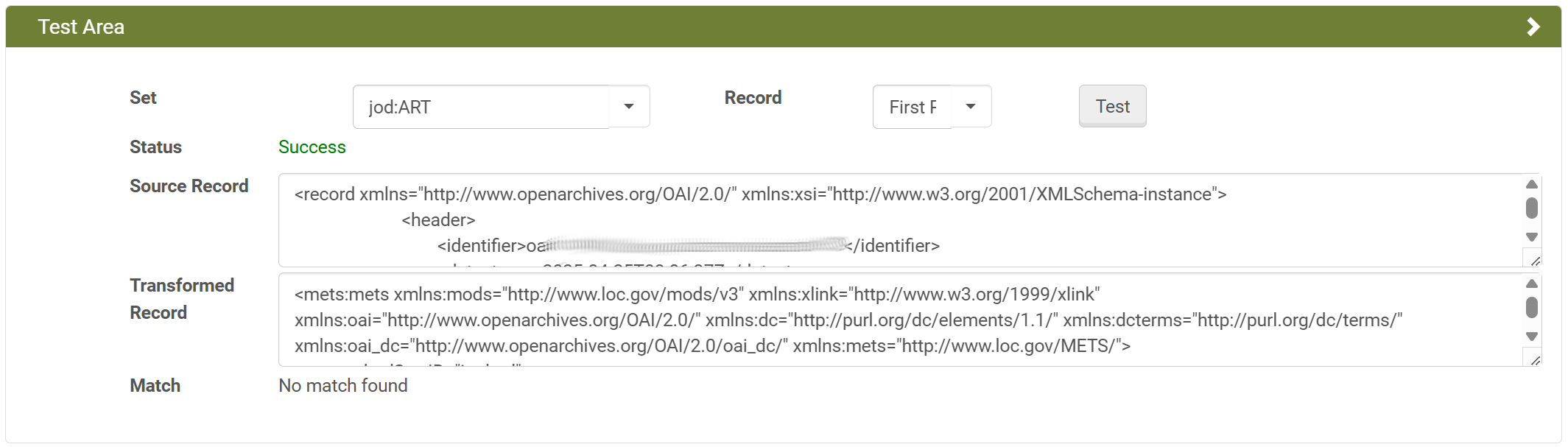 Screenshot: Test Area des Harvester Jobs in Rosetta ohne Match