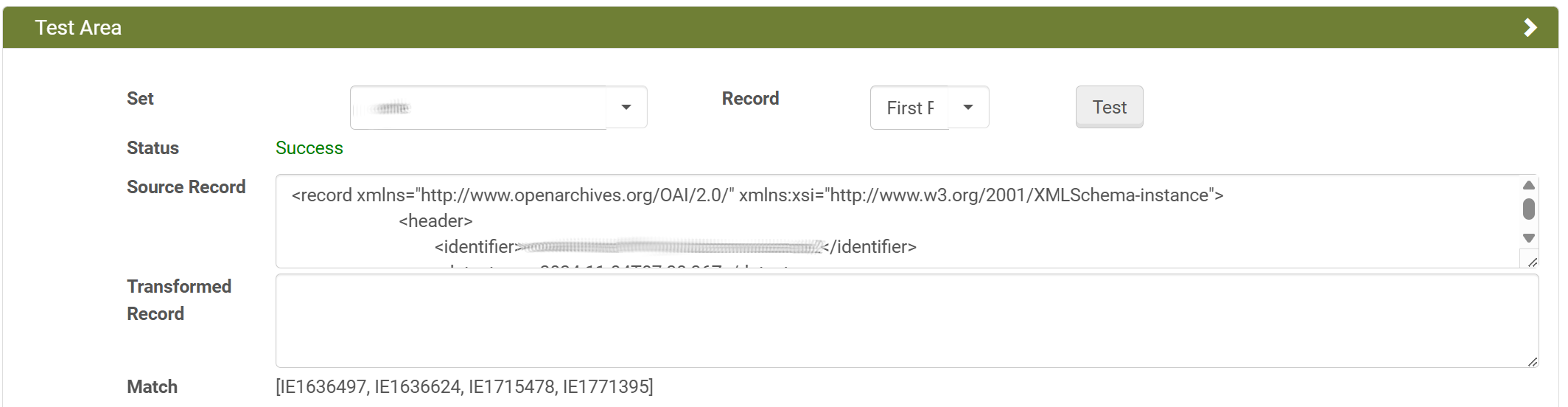Screenshot: Test Area des Harvester Jobs in Rosetta mit Match
