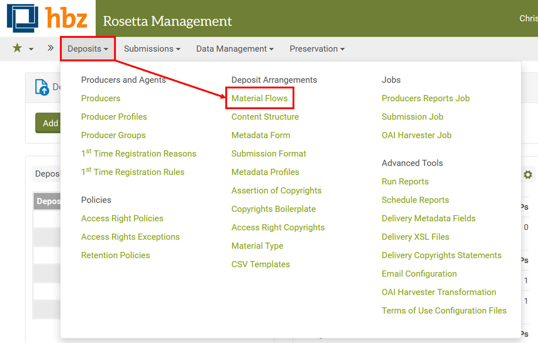 Screenshot des Menüs "Deposits" der Rosetta-Programmoberfläche: Dargestellt ist die Klickabfolge zum Menüpunkt "Material Flows" im Bereich "Deposit Arrangements" . Die Punkte "Deposits" und "Material Flow" sind rot umrandet. Ein roter Pfeil führt vom Punkt "Deposits" zu "Material Flows". 