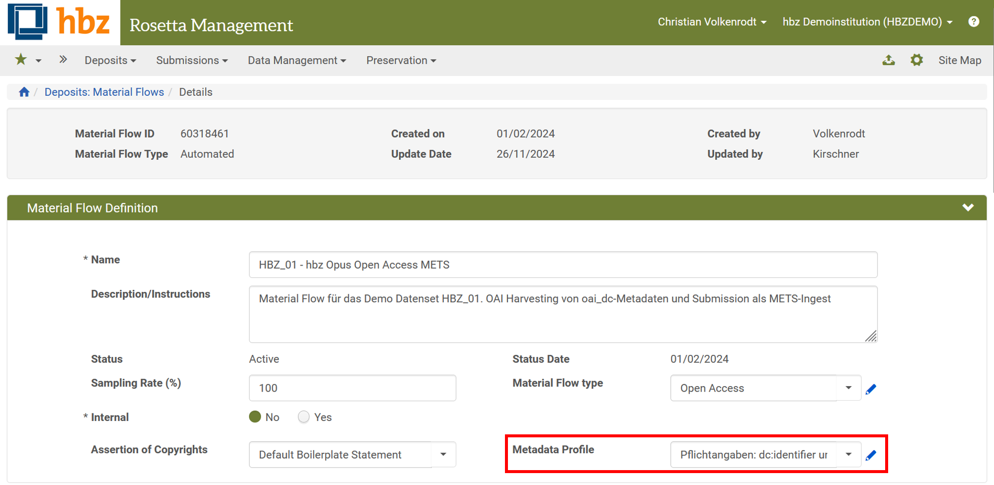 Screenshot: Material Flow Konfiguration: Auswahl des Metadata Profiles in Rosetta