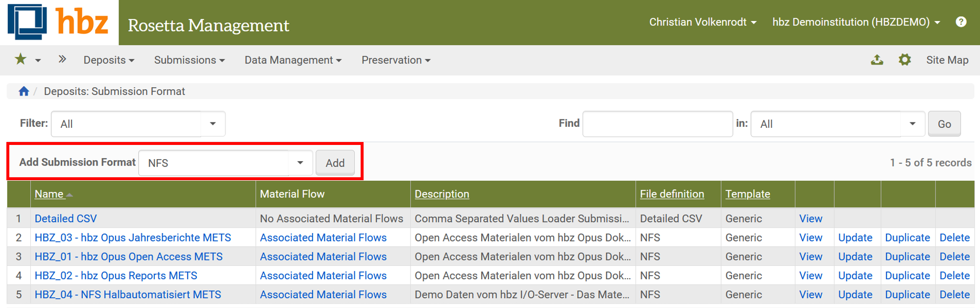 Screenshot: Neues Submission Format in Rosetta hinzufügen