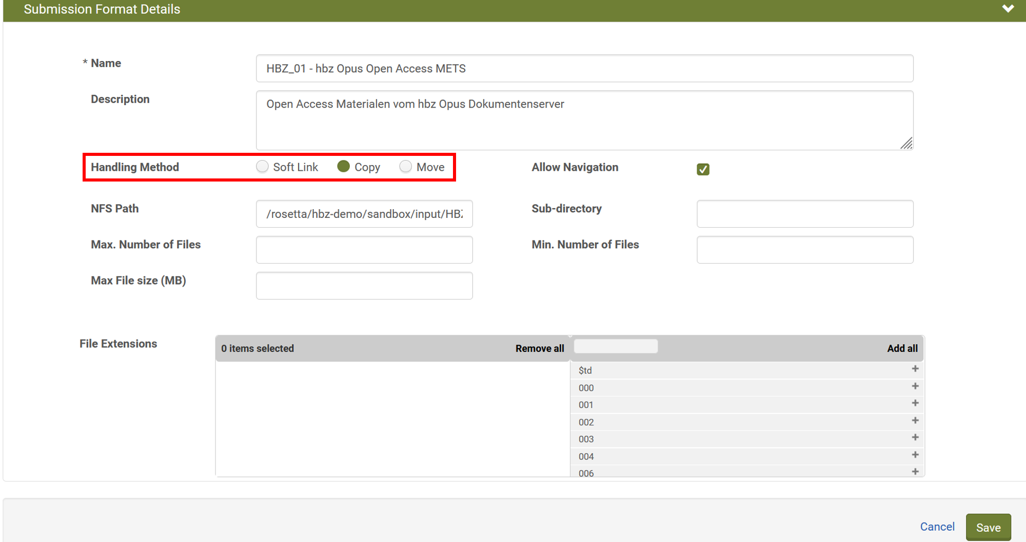 Screenshot: Handling Method in Rosetta auswählen