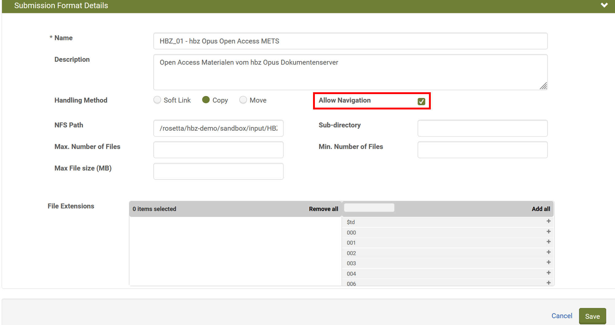 Screenshot: Allow Navigation: Häkchen in Rosetta belassen