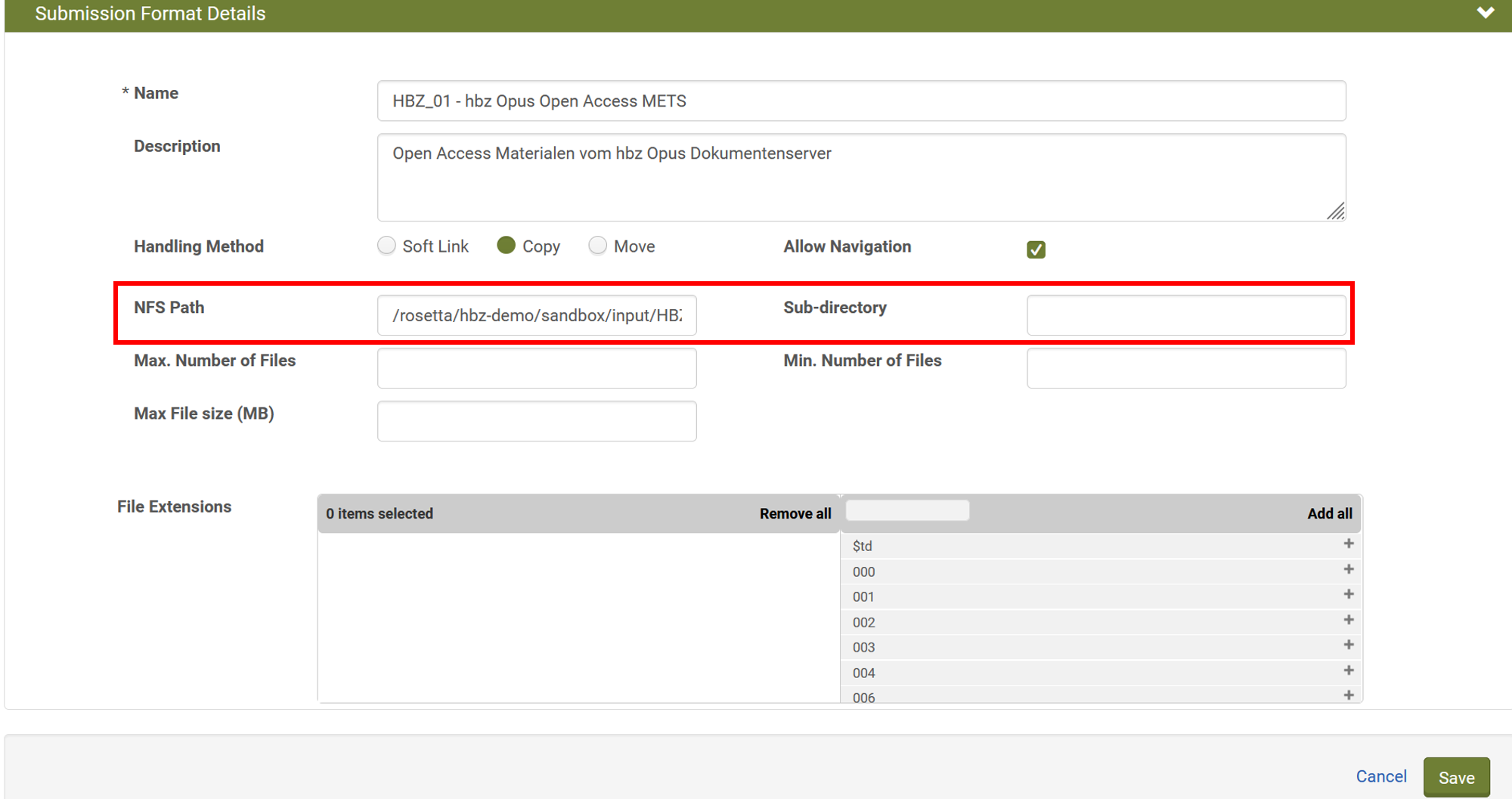 Screenshot: Angabe NFS Path in Rosetta