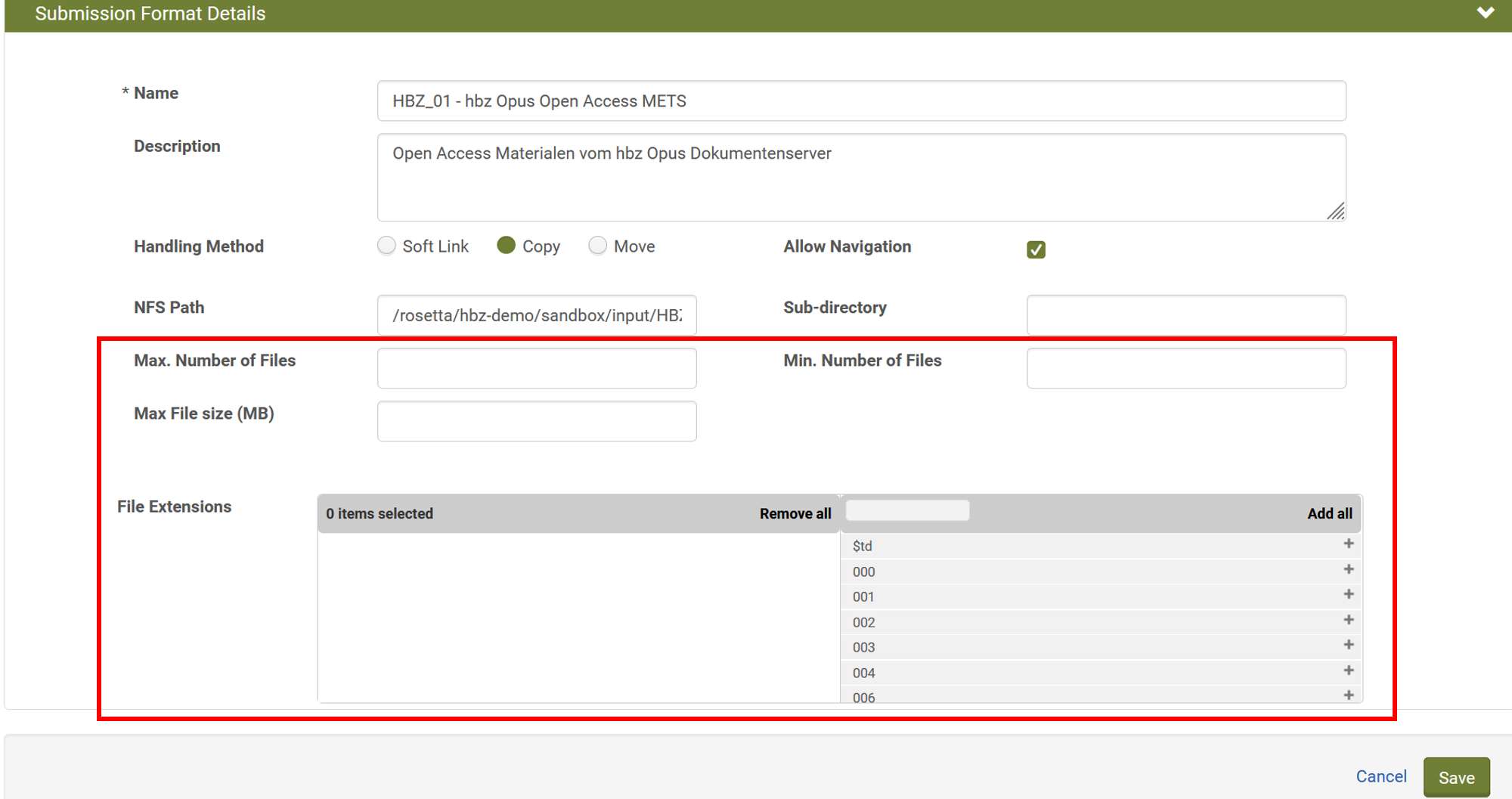 Screenshot: Dateibegrenzungen im Submission Format in Rosetta
