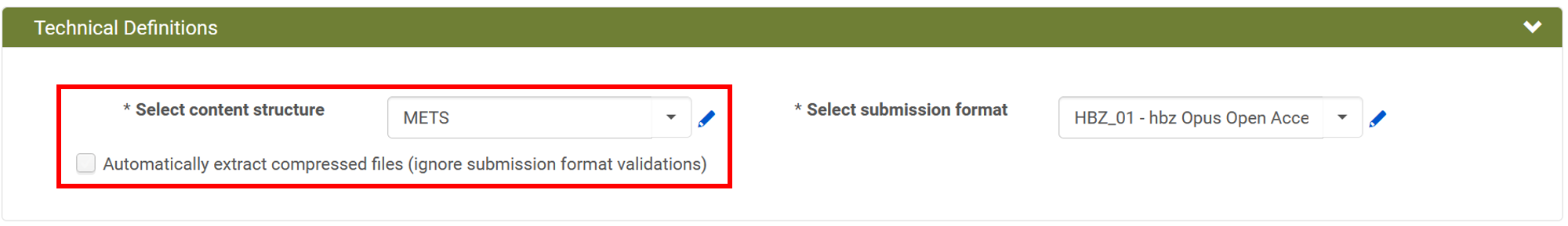 Screenshot: Material Flow Konfiguration: Auswahl der content structure in Rosetta