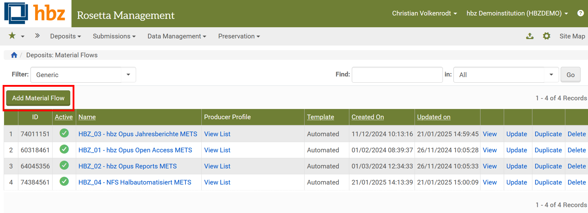 Screenshot: Add Material Flow Button in Rosetta