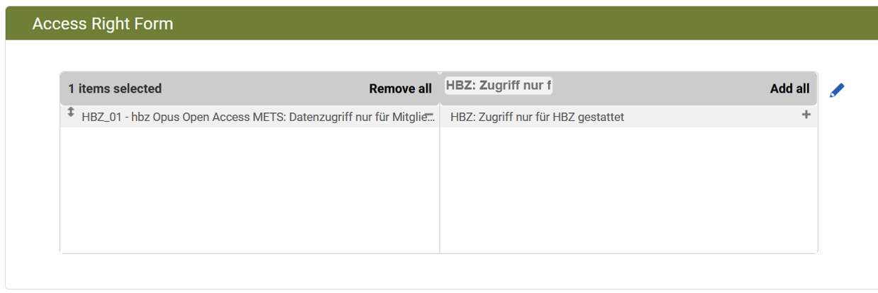 Screenshot: Material Flow Konfiguration: Access Right Form in Rosetta auswählen