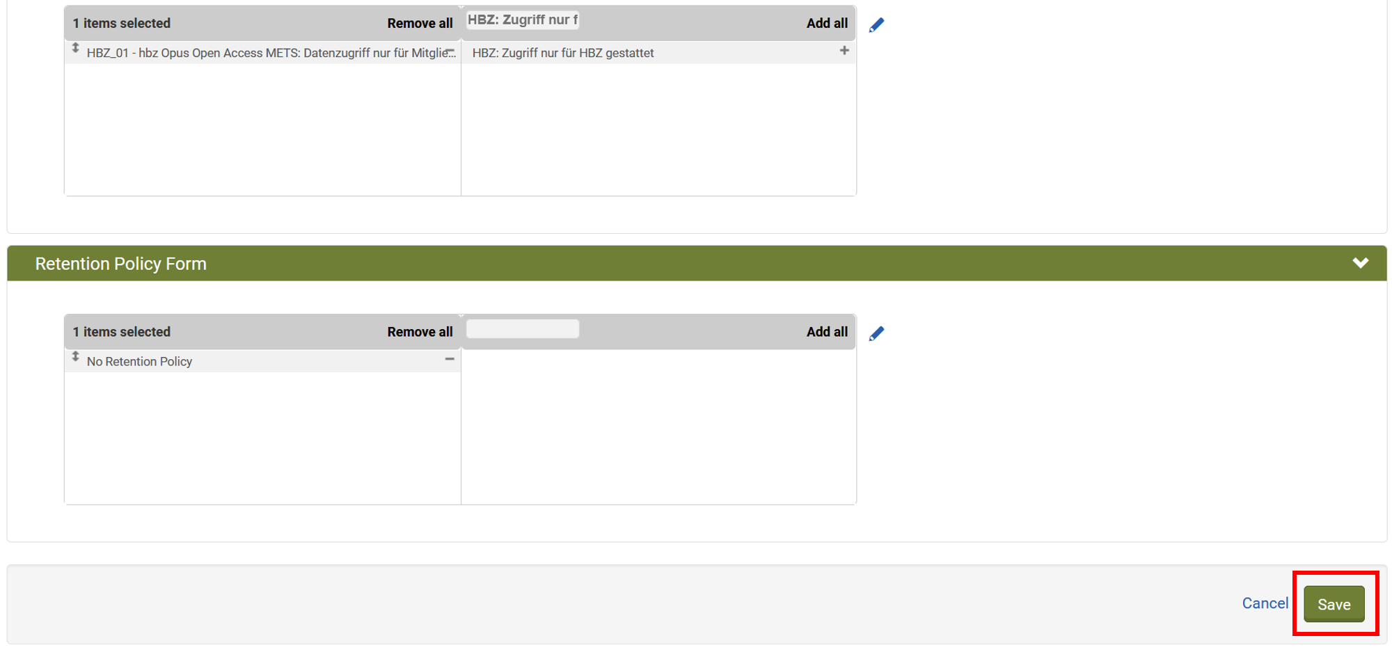 Screenshot: Material Flow Konfiguration: Save Button