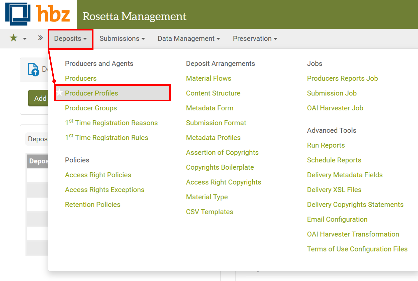 Screenshot: Menü Deposits → Producers and Agents → Producer Profiles in Rosetta