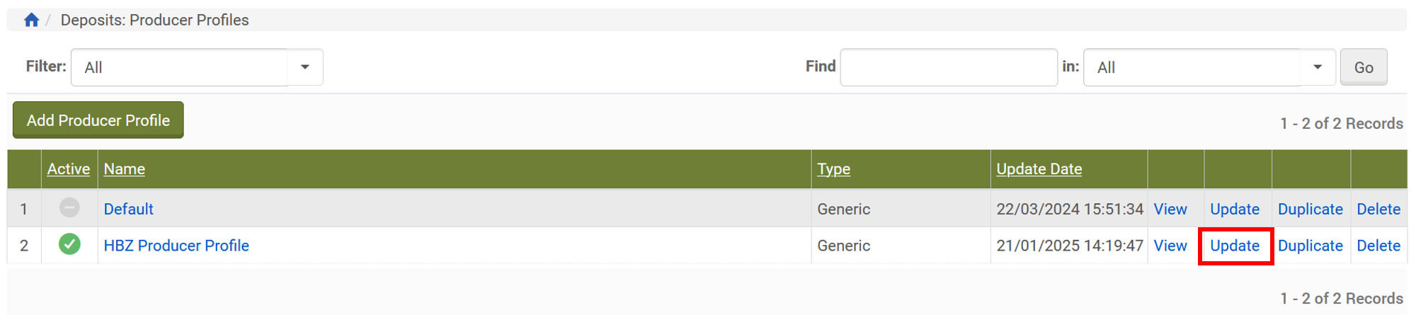 Screenshot: Producer Profile in Rosetta: Update