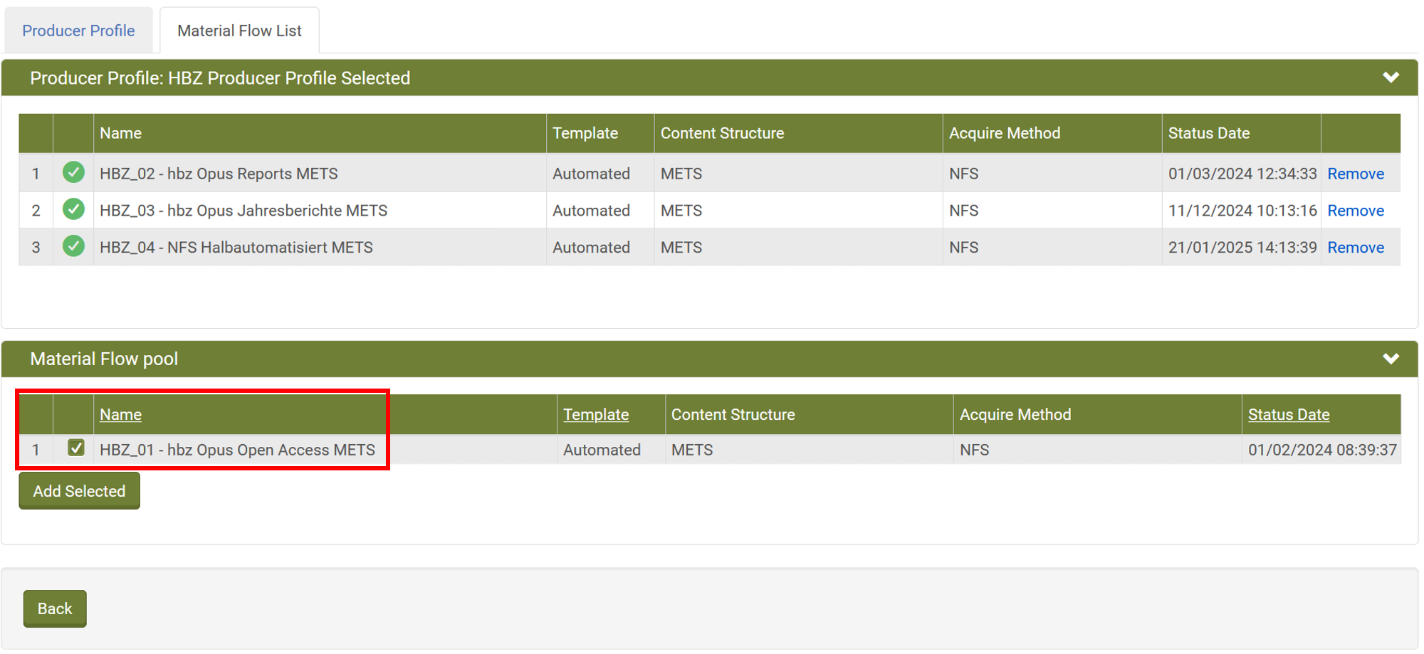 Screenshot: Material Flow in Rosetta auswählen