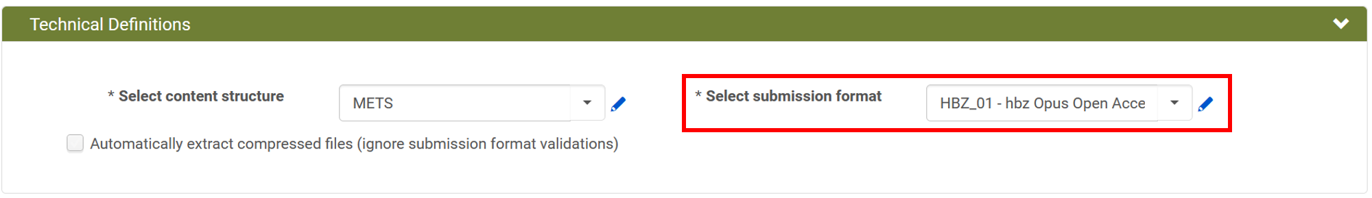 Screenshot: Material Flow Konfiguration in Rosetta: Submission Format auswählen