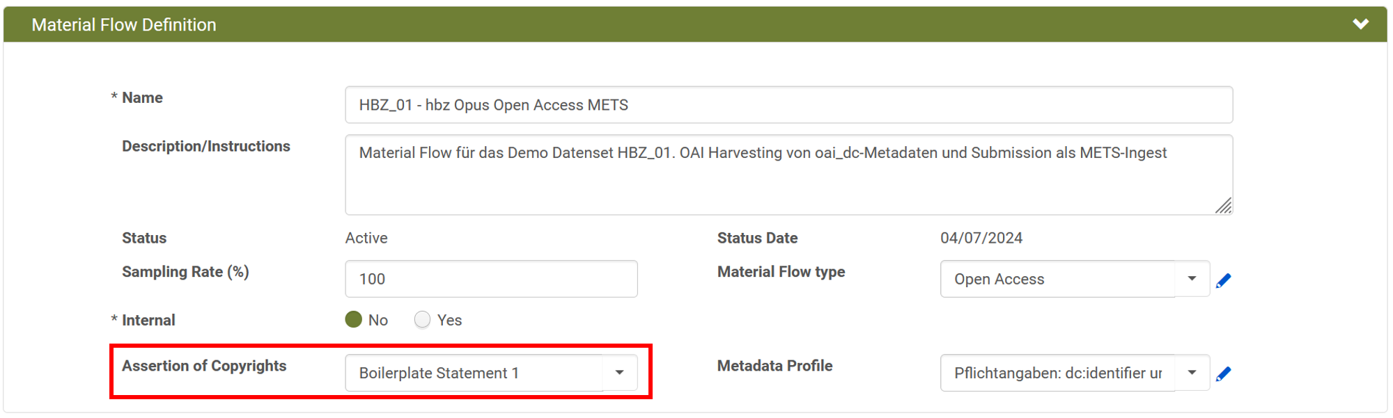 Screenshot: Material Flow Konfiguration in Rosetta: Assertion of Copyrights: Boilerplate Statement 1
