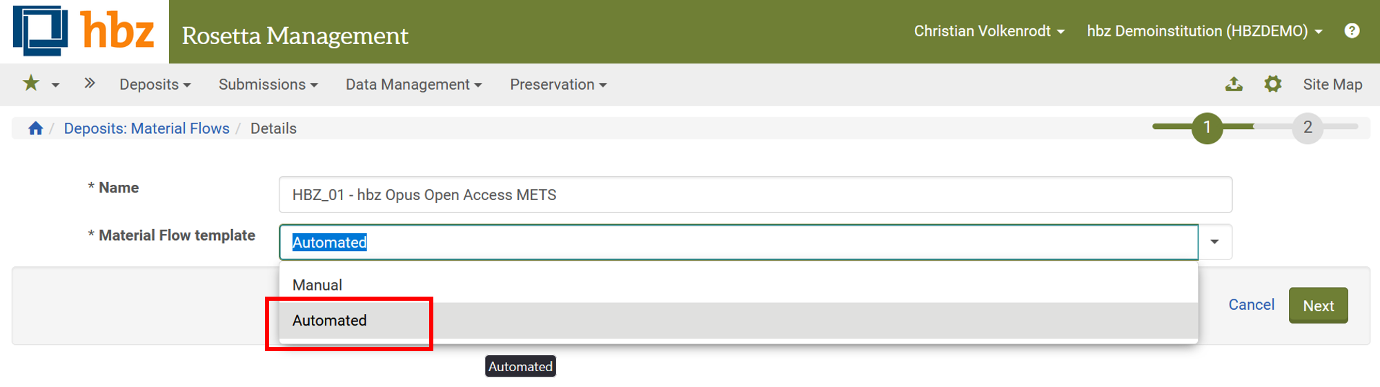 Screenshot: Auswahl Material Flow Template in Rosetta: Automated