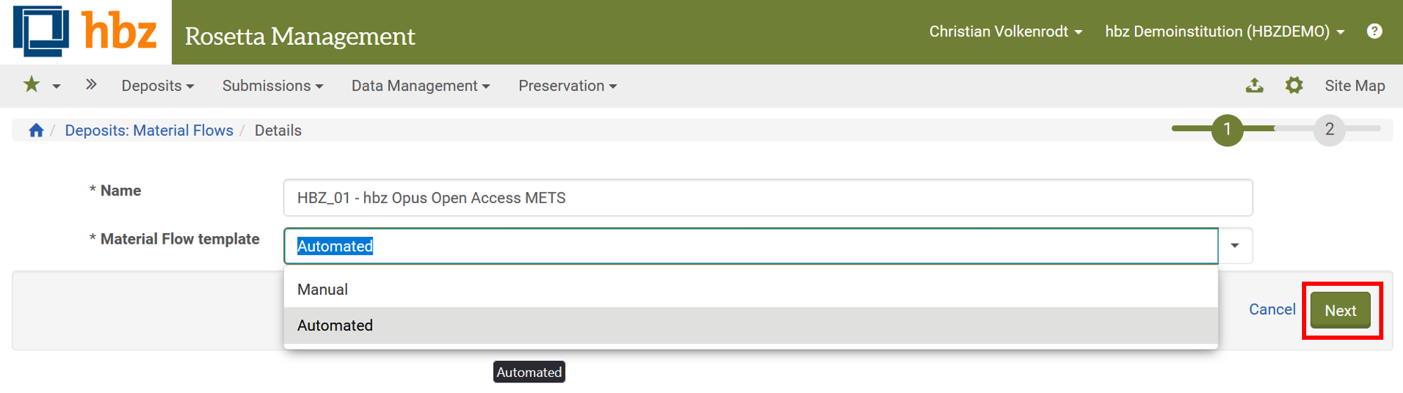 Screenshot: Auswahl Material Flow Template in Rosetta: Next Button