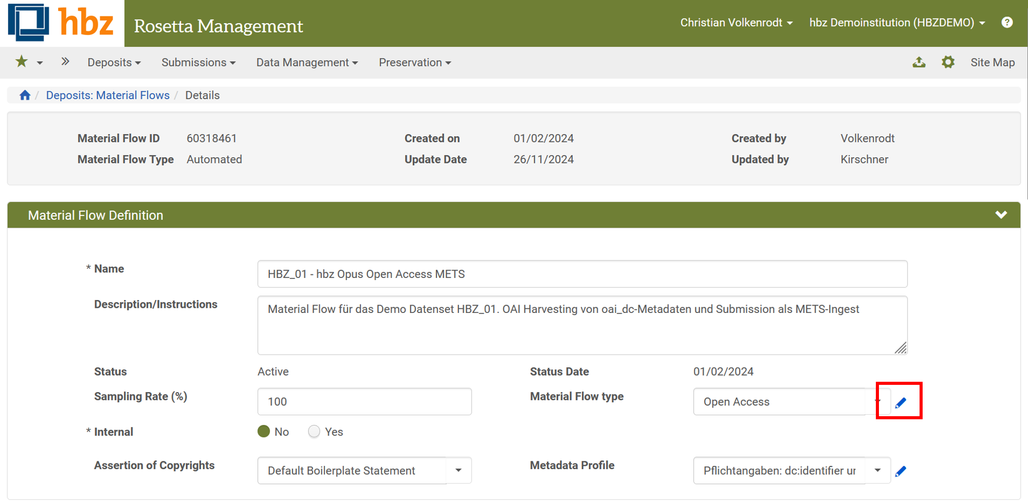 Screenshot: Blauer Stift-Button in der Material Flow Konfiguration in Rosetta