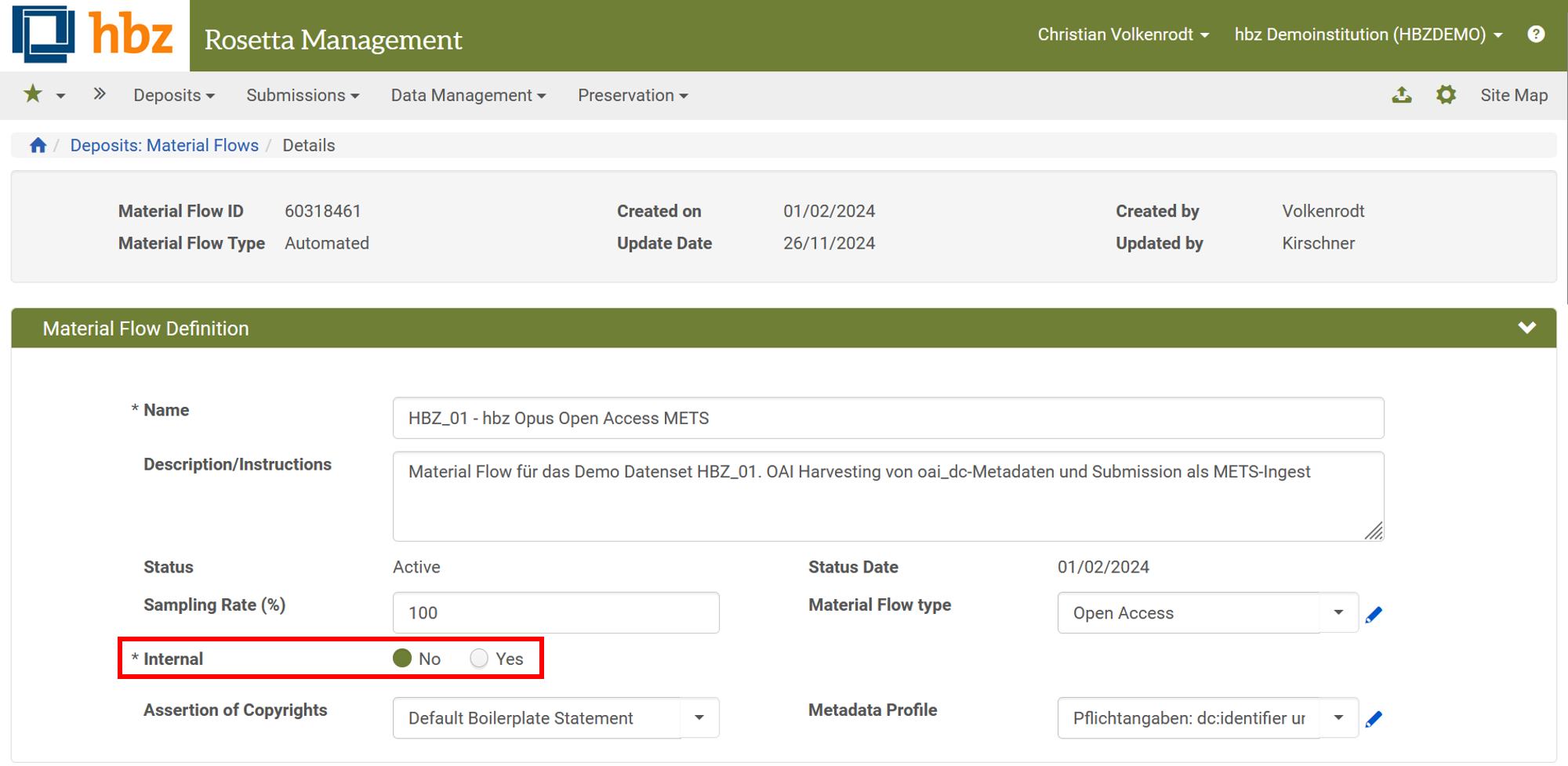 Material Flow Konfiguration: Internal No