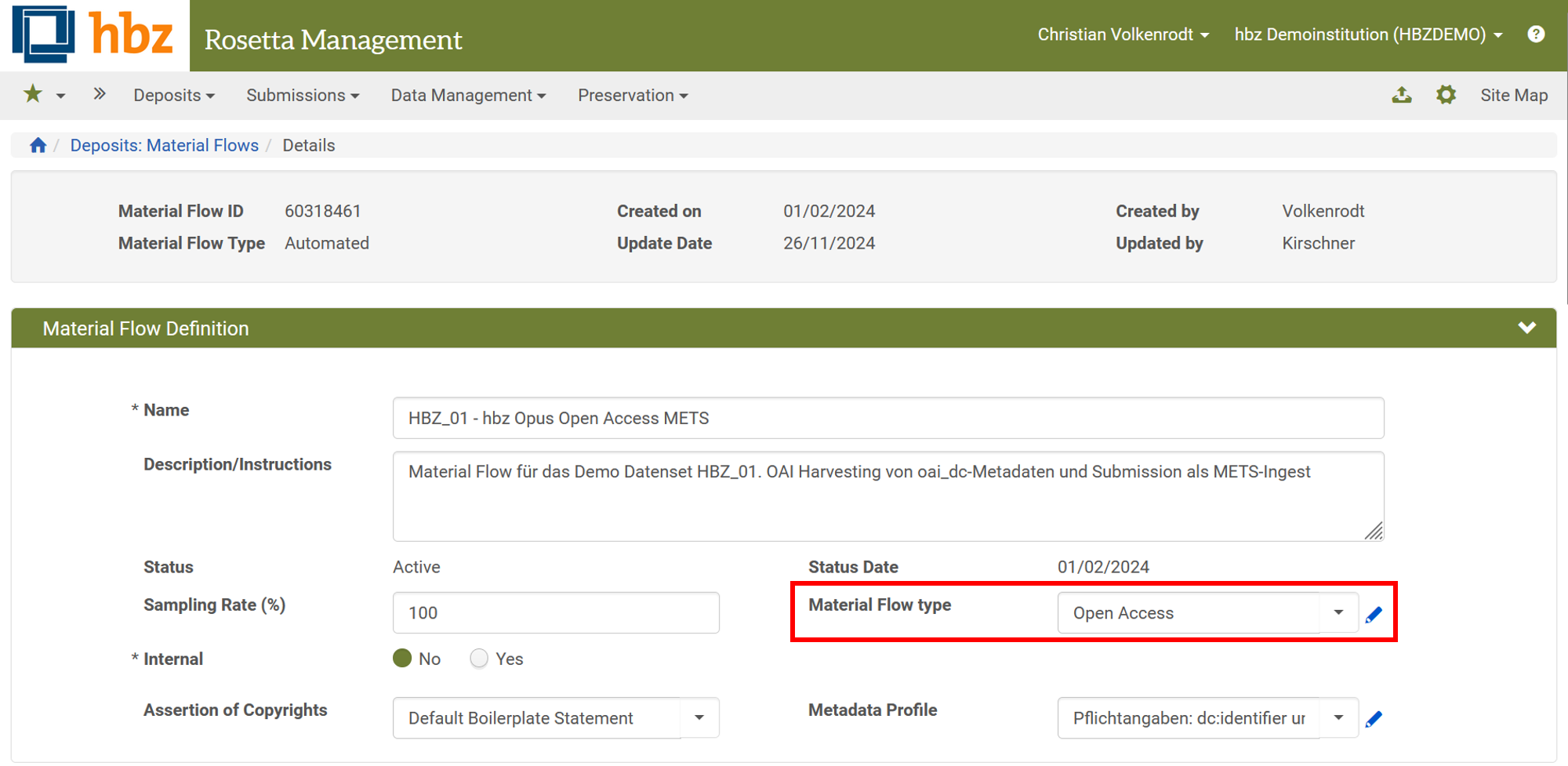 Screenshot: Material Flow Konfiguration: Auswahl des Material Types in Rosetta