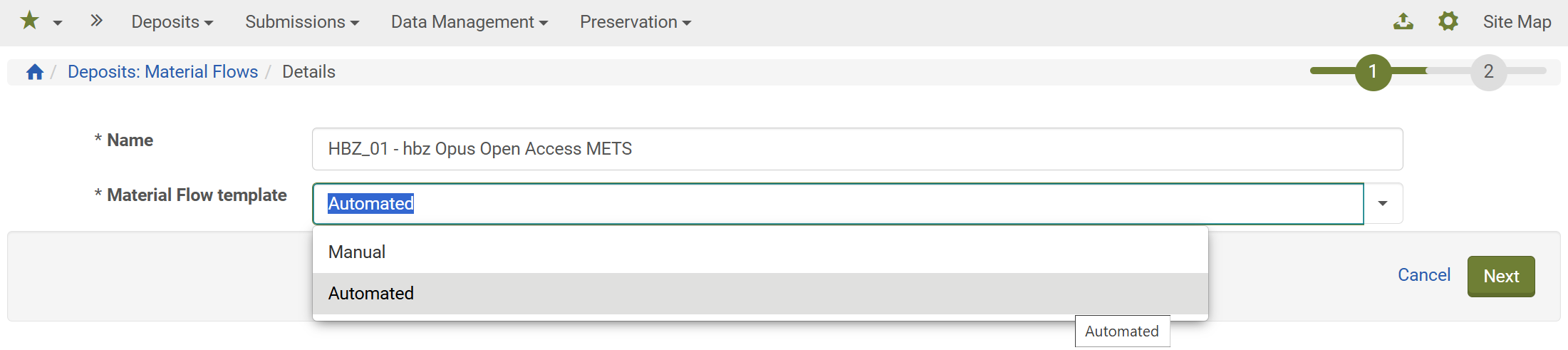 Screenshot: Auswahl Material Flow Template in Rosetta